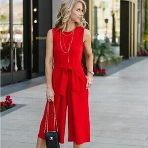 Bishop & Young Red Rachel Cropped Belted Tie Waist Wide Leg Jumpsuit, Small NWT